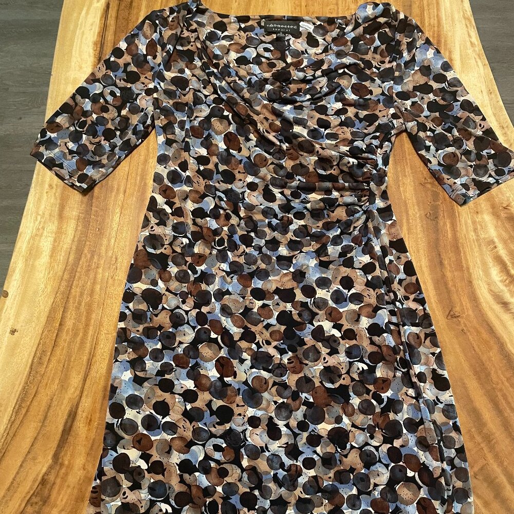 Connected Apparel Body Con V Deck Dress Half Sleeve Brown Gold Greys Size 10